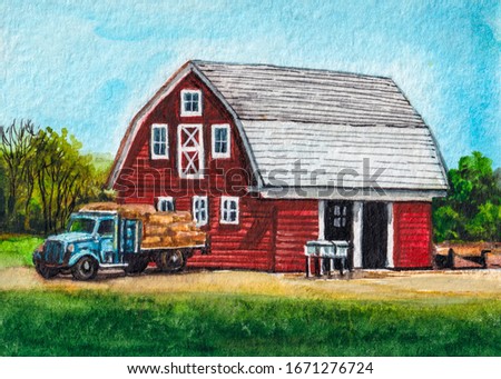 American farm. Red barn and truck. Country landscape. Watercolor painting.