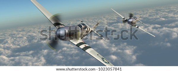 第二次世界大戦のアメリカの戦闘機が雲の上を飛ぶ コンピューターで生成された3dイラスト のイラスト素材