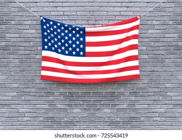American flag hanging on brick wall. 3D illustration
