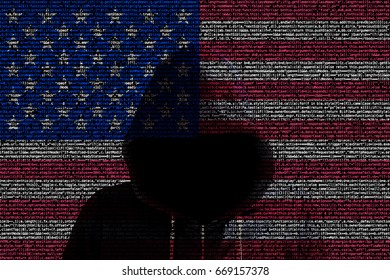 American flag made from computer code with a hooded hacker shining through cybersecurity concept