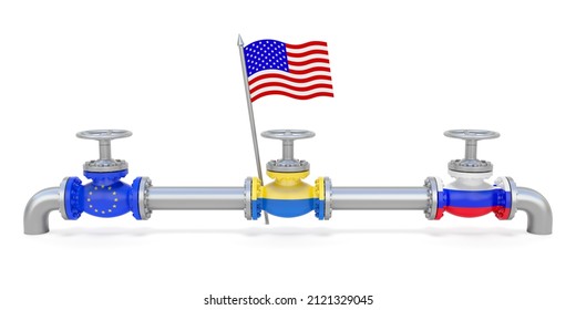 American Flag Near Pipeline And Valves With Flags Of Russia, Ukraine, European Union. Transportation, Delivery, Transit Of Natural Gas On Pipeline. Concernment And Interests Of USA. 3d Rendering