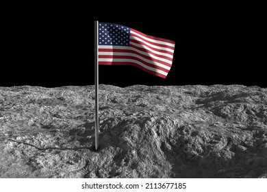 American Flag On Moon. Lunar Colonization Concept. 3d Illustration