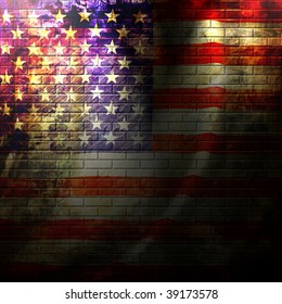 american flag painted on a grunge brick wall