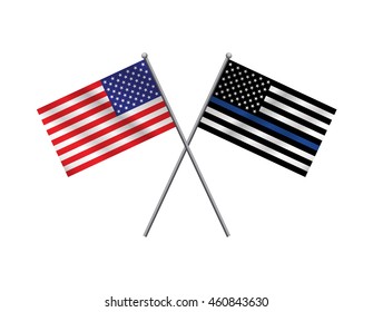 An American flag and police support flag isolated on a white background.