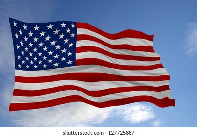 American Flag Waving Against A Cloudy Sky