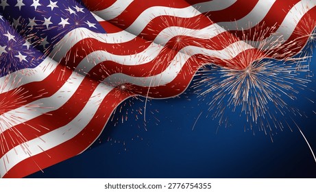 American flag waving with fireworks exploding in the night sky on Independence Day