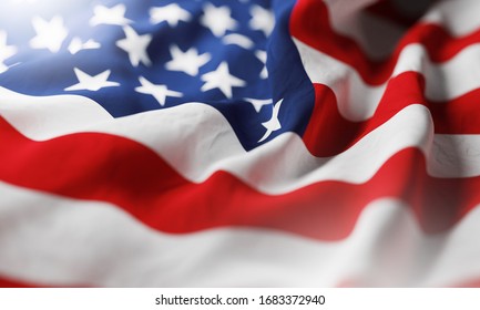 American Flag Waving In The Wind. Close Up. 3D Rendering