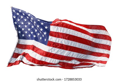 American Flag Waving In The Wind Isolated On White Background. 3D Rendering