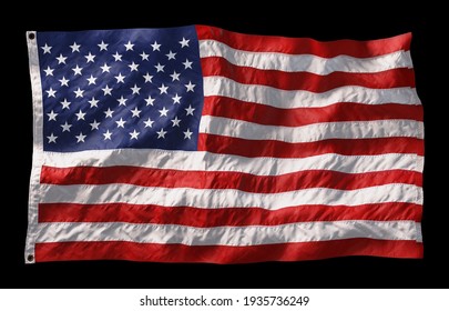 American flag waving in the wind isolated on black background. 3D