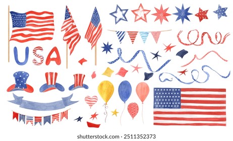 American flags, stars, hats, balloons, ribbons. Happy 4th of July USA Independence Day set. Elements in national colors. Watercolor illustration of traditional holiday symbols. For celebration party - Powered by Shutterstock