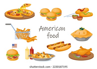 American food elements isolated set. Bundle of pizza, hamburger, cheeseburger, hot dogs with sauces, pie, fries, chicken legs, ketchup, mustard. Fast food. Illustration in flat cartoon design - Powered by Shutterstock