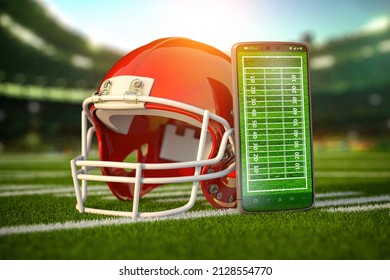 American Football App Video Game On Smartphone And Betting Sport Online Concept. Mobile Phone And American Football Helmet. 3d Illustration