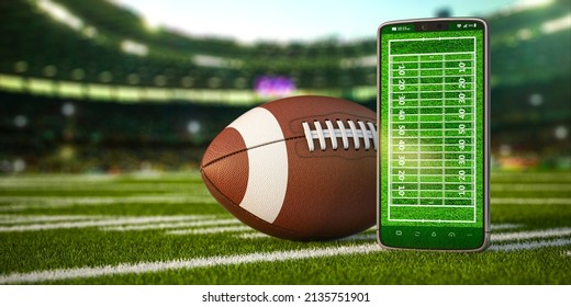 American Football App Video Game On Smartphone And Betting Sport Online Concept. Mobile Phone And American Football Ball. 3d Illustration