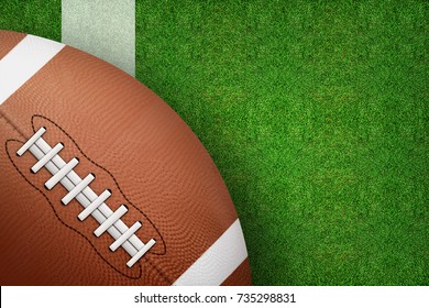 American football ball on grass field background. Football ball 3D illustration.