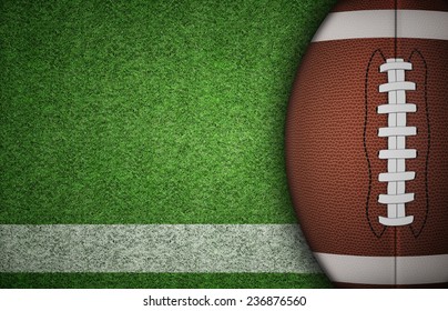American football ball on green grass and white line. with lots of copy space.