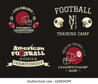 American football championship, team training camp badges, logos, labels, insignias in retro color style. Graphic vintage design for t-shirt, web. Colorful print isolated on a dark background. . - Powered by Shutterstock