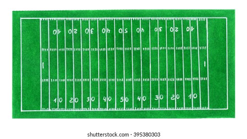American football field. Hand-drawn green field top view on the white background. Real watercolor drawing
