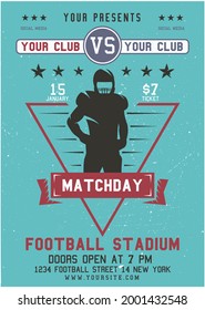 American football flyer. Matchday poster template with football player, elements and text. Sports banner for ads and games invitations. Rugby brochure designs. Stock illustration