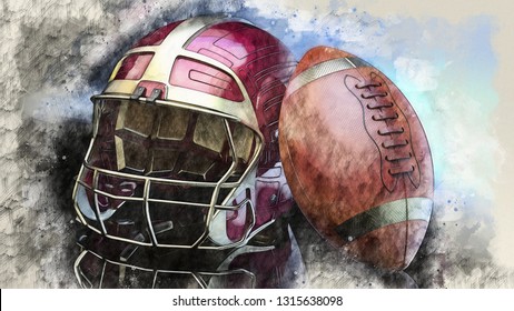 American football Gold-Red helmet and Gold-Brown Ball illustration combined pencil sketch and watercolor sketch. 3D illustration. 3D CG. High resolution.