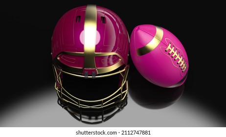 American Football Gold-Wine Red Helmet And Gold-Red Ball Under Black Laser Lighting. 3D Illustration. 3D CG. 3D High Quality Rendering.