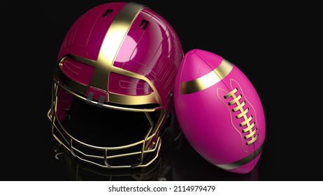 American Football Gold-Wine Red Helmet And Gold-Red Ball Under Black Laser Lighting. 3D Illustration. 3D CG. 3D High Quality Rendering.