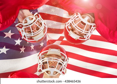 American Football Huddle Against Focus On Usa Flag