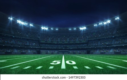 American football league stadium with white lines and fans, illuminated field side view at night, sport building 3D professional background illustration