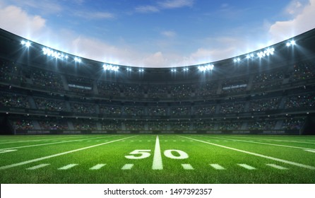 Стадион американской футбольной лиги с белыми линиями и болельщиками, дневной вид сбоку, профессиональная фоновая иллюстрация спортивного здания