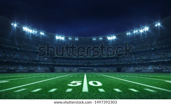 American football league stadium with white
lines and fans, illuminated field side view at night, sport
building 3D professional background
illustration