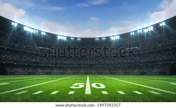 American football league stadium with white\
lines and fans, daytime side field view, sport building 3D\
professional background\
illustration