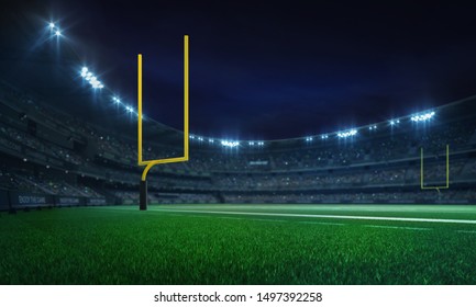 American football league stadium with yellow goalposts and fans, illuminated field view at night, sport building 3D professional background illustration