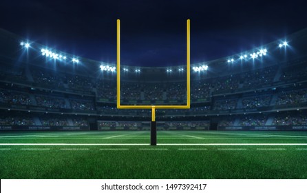 American football league stadium with yellow goalpost front and fans, illuminated field frontal view at night, sport building 3D professional background illustration
