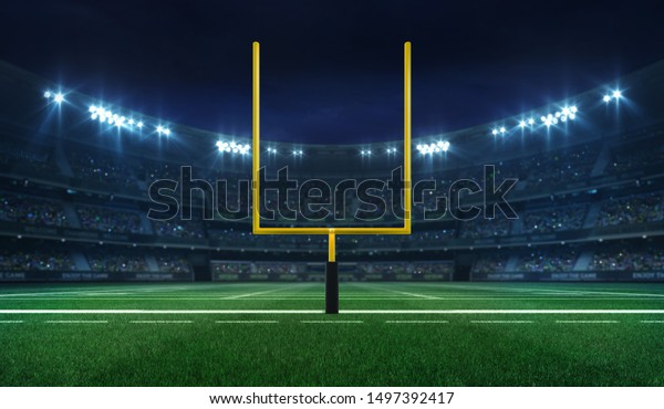 American football\
league stadium with yellow goalpost front and fans, illuminated\
field frontal view at night, sport building 3D professional\
background\
illustration