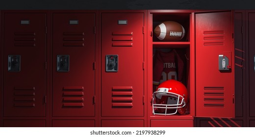 American football locker room with equipment, ball and helmet. 3d illustration - Powered by Shutterstock