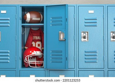 American football locker room with equipment, ball and helmet. 3d illustration - Powered by Shutterstock