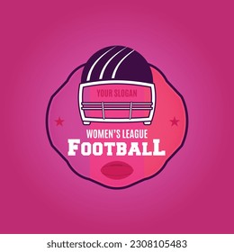 American football logo template. Women's league badge with helmet and ball. Rugby emblem colorful. Stock label isolated on pink background - Powered by Shutterstock