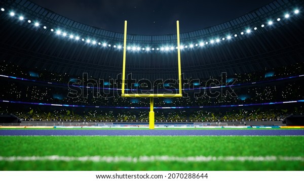 American football night stadium with fans\
iilluminated by spotlights waiting game 3d\
render
