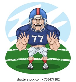 American Football Player. Cartoon Illustration Of Lineman Ready To Body Check