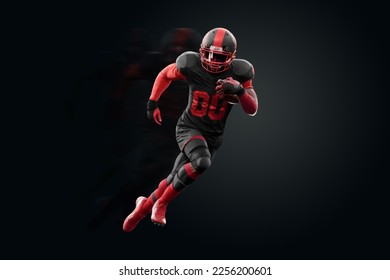 American Football player in red and black uniform in running pose on black background. American Football, advertising poster, template, blank, sports. 3D illustration, 3D rendering - Powered by Shutterstock