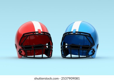 American football sports and team competition. Two American football helmets, one red and one blue, facing each other on a blue background. 3d render. - Powered by Shutterstock