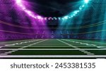 American football stadium with goal post, grass field and blurred fans at tribune view. 3D render. Neon light illumination. Concept of professional sport, event, tournament, game, championship