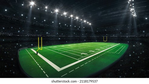 American Football Stadium With Yellow Goal Posts, Grass Field And Fans At Corner General View. Digital 3D Illustration For Sport Advertisement.