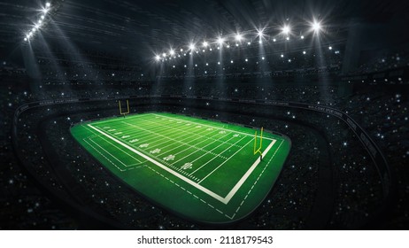 American football stadium with yellow goal posts, grass field and fans at upper general view. Digital 3D illustration for sport advertisement.