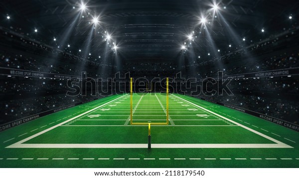 American football stadium with yellow goal\
post, grass field and fans at playground general view. Digital 3D\
illustration for sport\
advertisement.