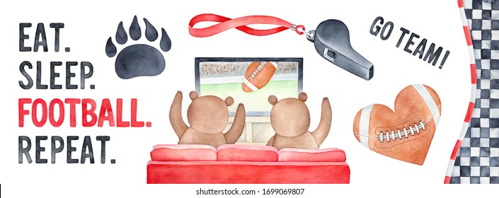 American Football watercolour set with sport symbols, funny bears, tv-set and motivational phrase: "Eat. Sleep. Football. Repeat". Red, black, brown colors. Hand painted clip art elements for design.