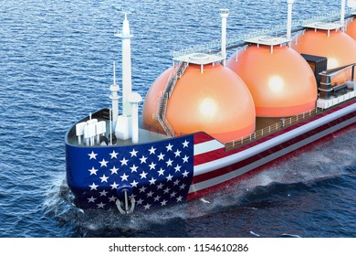 American Gas Tanker Sailing In Ocean, 3D Rendering