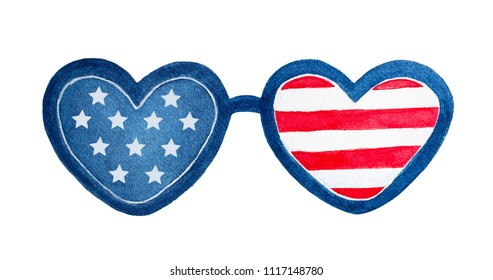 American heart shaped eye glasses illustration. One single object for design and decoration. Hand drawn watercolour sketchy drawing on white background, isolated clip art. Red, blue, white colors.