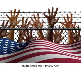 American Immigration And United States Refugee Crisis Concept As Immigrant People On A Border Wall With A US Flag As A Social Issue About Refugees Or Illegal Immigrants With 3D Illustration Elements.