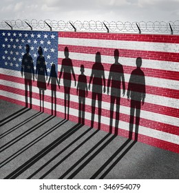 American Immigration And United States Refugee Crisis Concept As People On A Border Wall With A US Flag As A Social Issue On Refugees Or Illegal Immigrants With The Shadow Of A Group Of Migrants.

