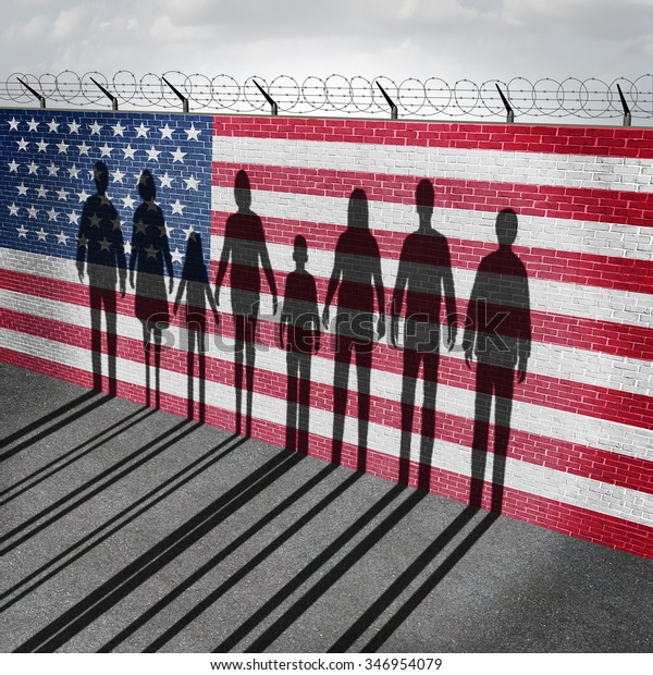アメリカの移民と米国の難民危機のコンセプトは 国境の壁に住む人々で 難民や移民の影を持つ不法移民に関する社会問題として 米国の国旗が付いている の イラスト素材